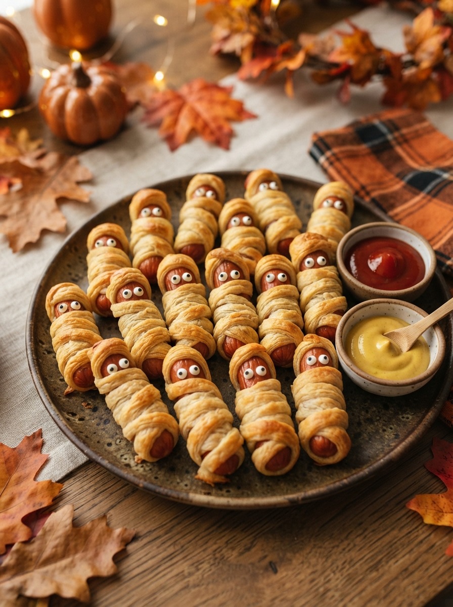 Hot dogs wrapped in strips of crescent dough and baked until golden, with ketchup eyes.