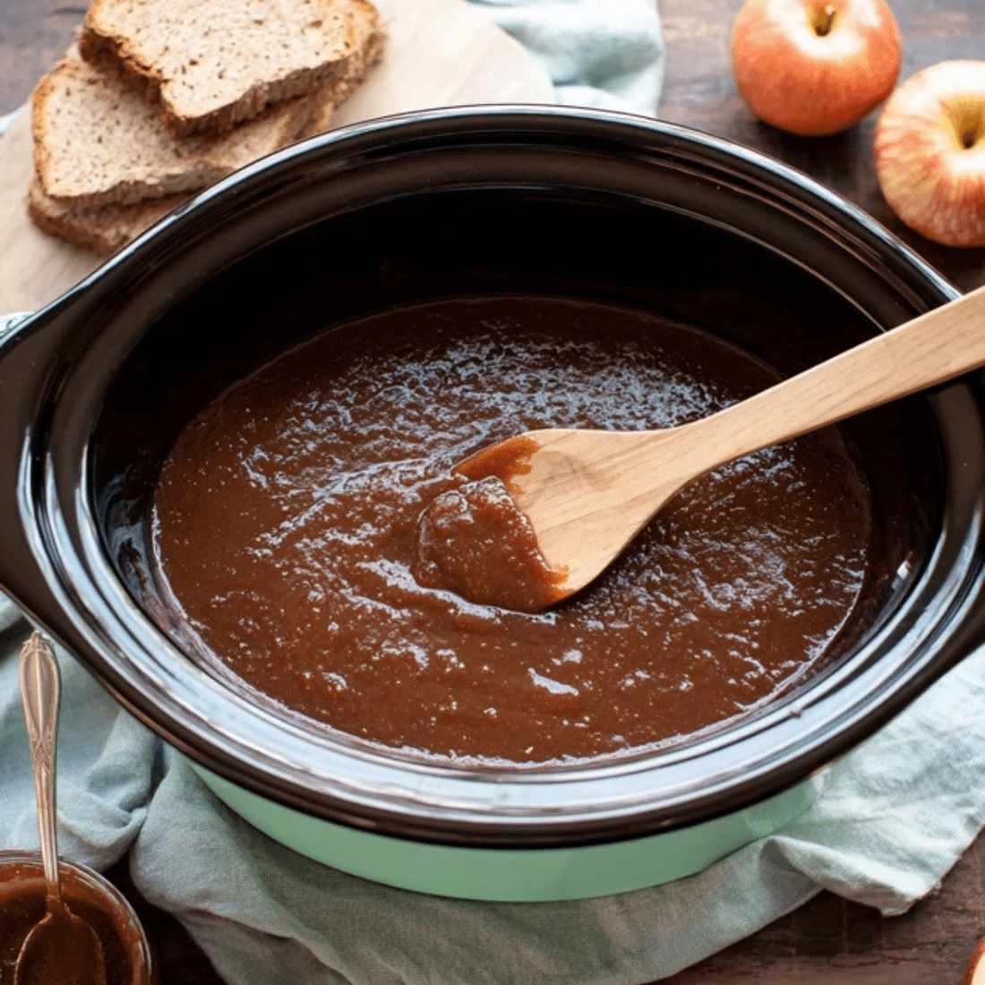 Slow cooker apple butter with maple, caramel apple aroma, cinnamon, cloves, mason jar