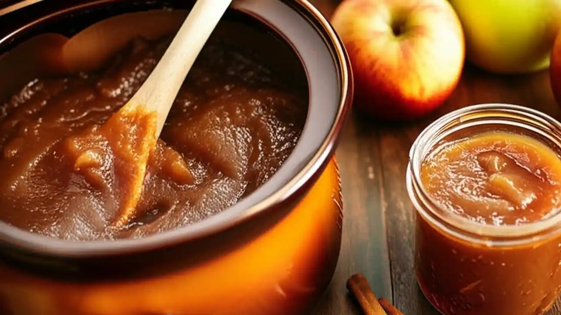Brown butter apple butter in mason jar, caramel apple, cinnamon, cloves, rich aroma