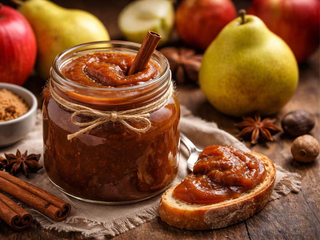 Golden apple butter with cinnamon and cloves, served in a mason jar