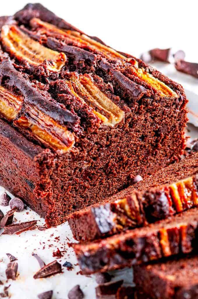 Rustic double‑chocolate banana bread topped with toasted walnuts and a crisp crust