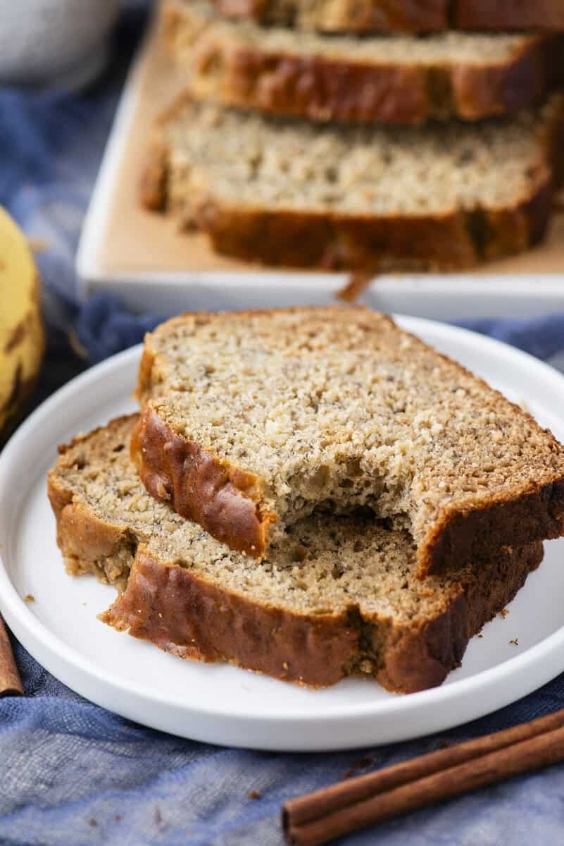 Banana bread with a golden crust, moist crumb, and intense banana flavor
