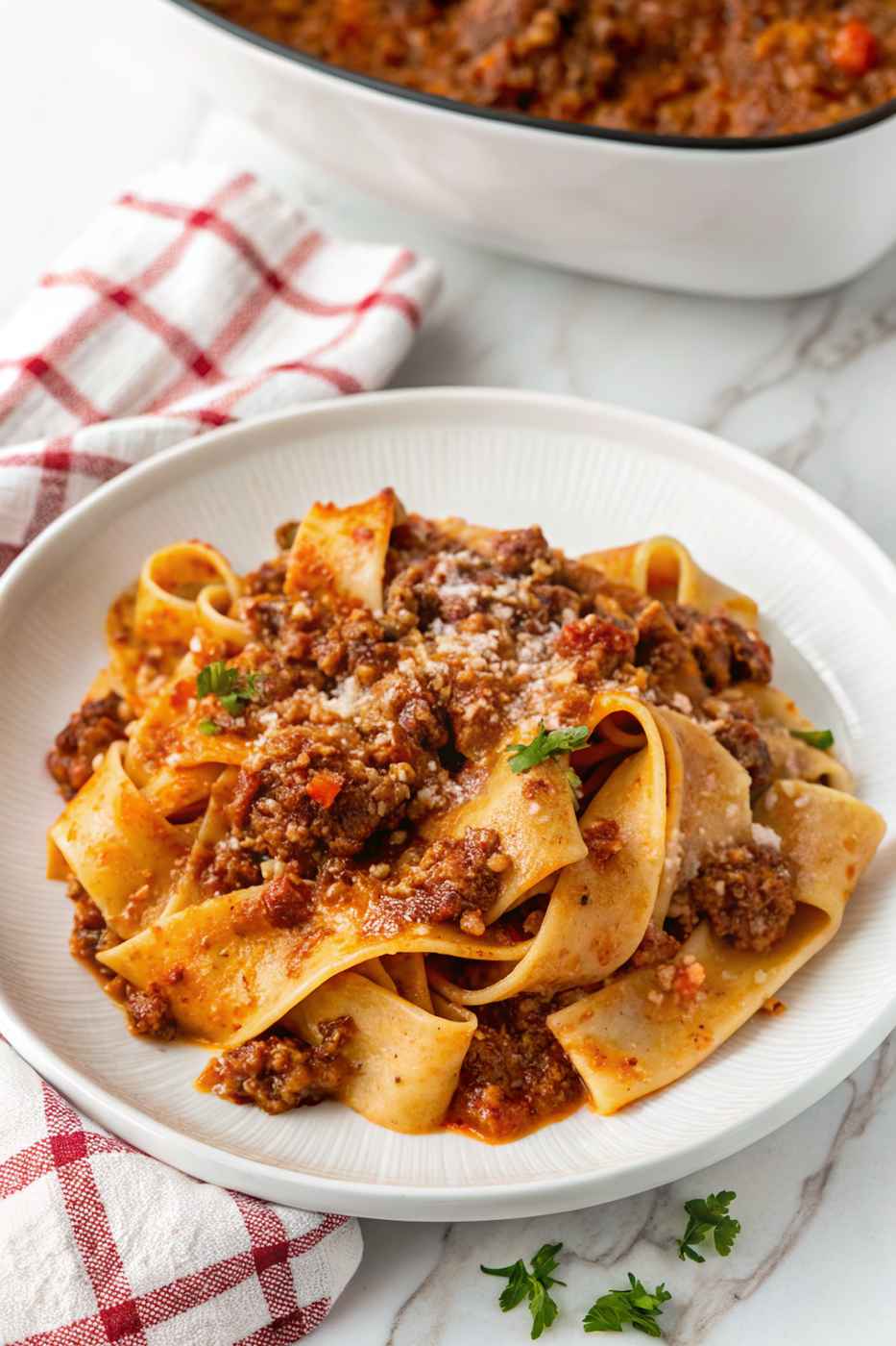 Classic pappardelle bolognese with beef, parmesan, basil, rich tomato sauce, and wide pasta ribbons.