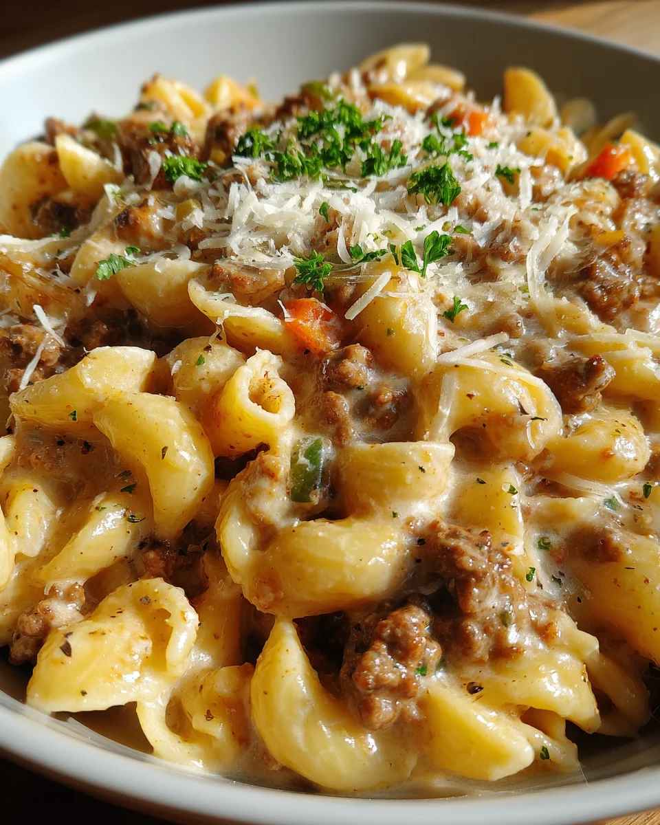 Creamy white bolognese mac and cheese with golden melted cheese, tender pasta, savory beef