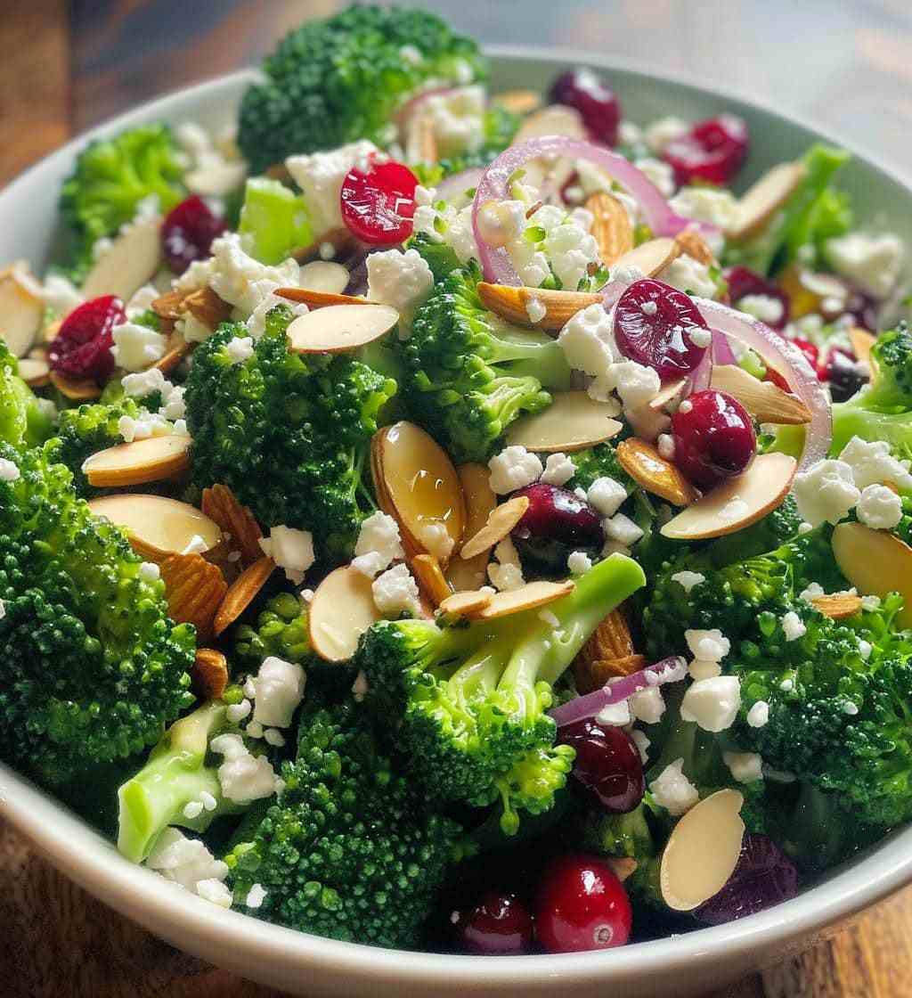 Broccoli salad with juicy cranberries, toasted almonds, sweet raisins, and a spicy maple‑mustard dressing
