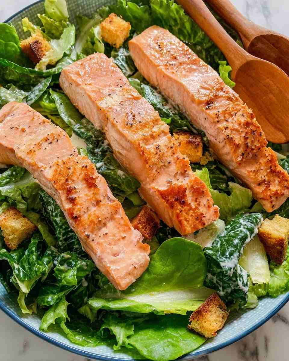 Pan-seared salmon caesar salad featuring crisp romaine, crunchy croutons, shaved parmesan, and creamy dressing.