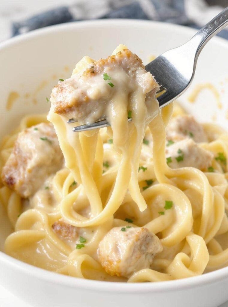 Classic fettuccine chicken alfredo featuring tender sliced chicken and silky parmesan cream sauce.