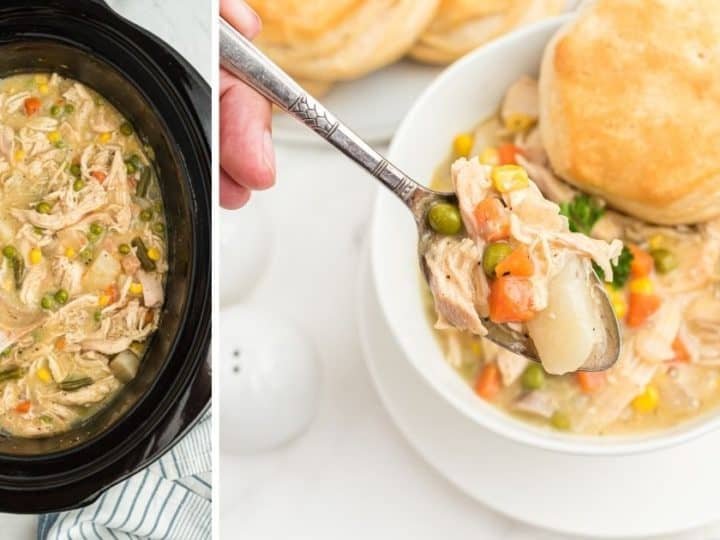 Creamy chicken pot pie soup with chicken, peas, carrots, potatoes, and garlic‑butter biscuit topping