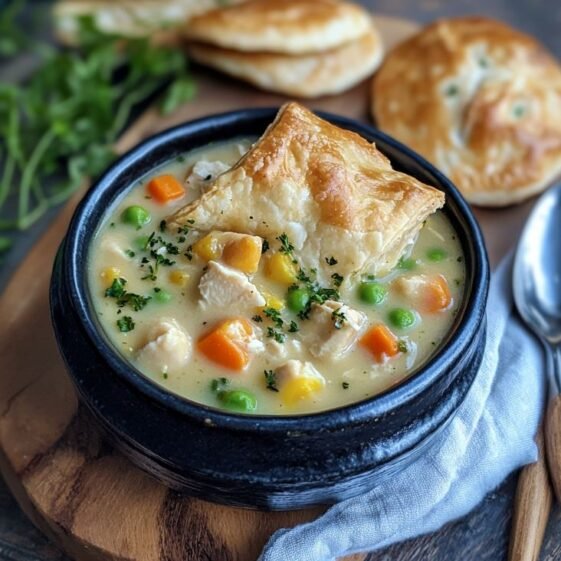 Creamy chicken pot pie soup topped with golden cheddar‑bisquick crumble, peas, carrots, potatoes