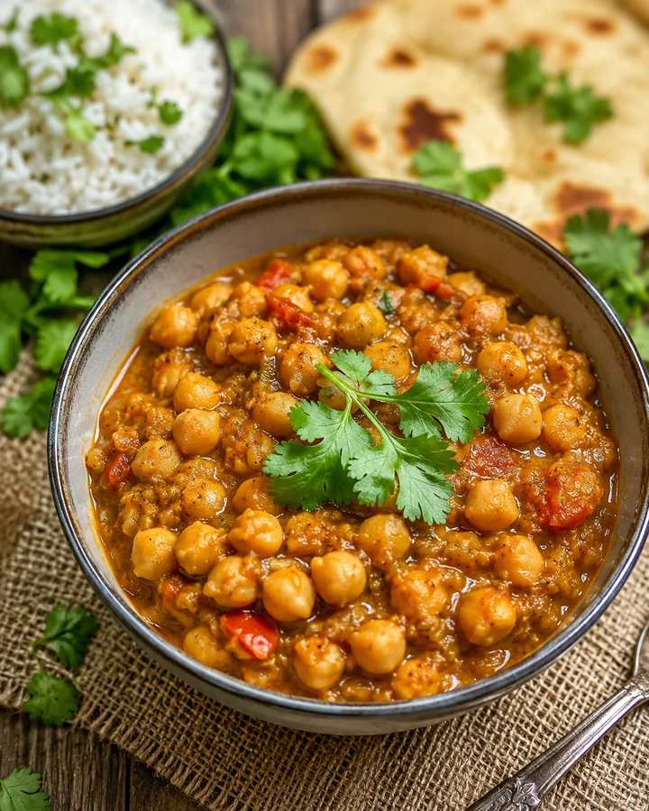 Velvety creamy chickpea curry with a smooth tomato base, spices, and a swirl of cream, garnished with parsley