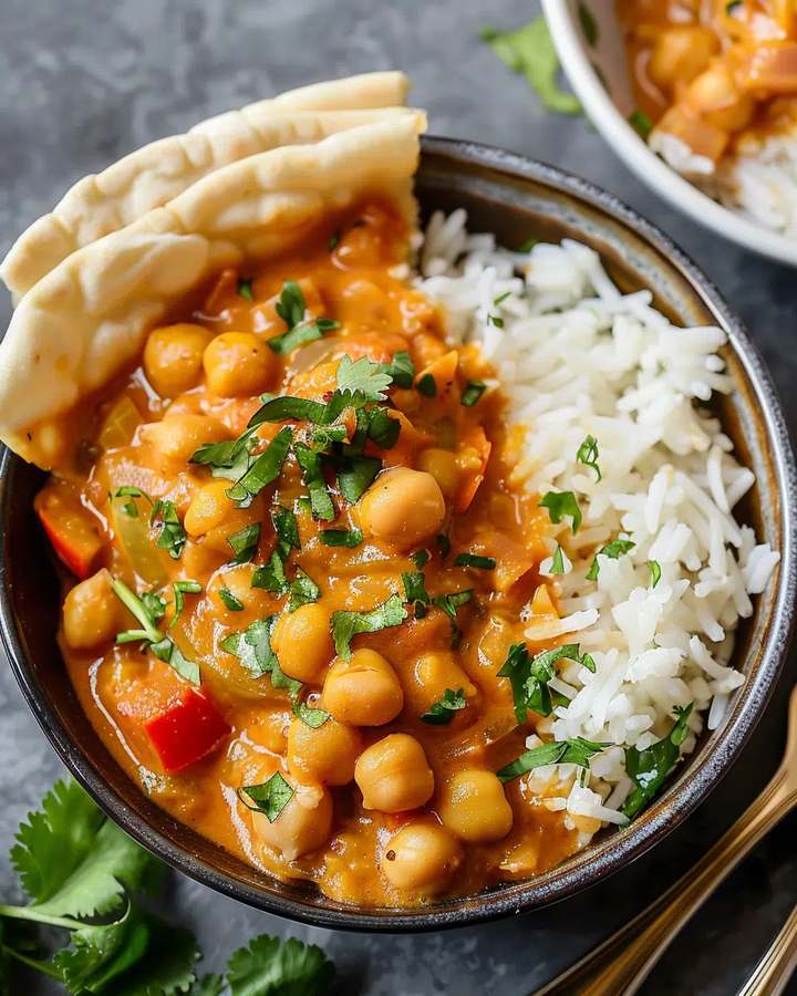Creamy chickpea curry with cashew paste, spices, and a splash of cream, garnished with cilantro