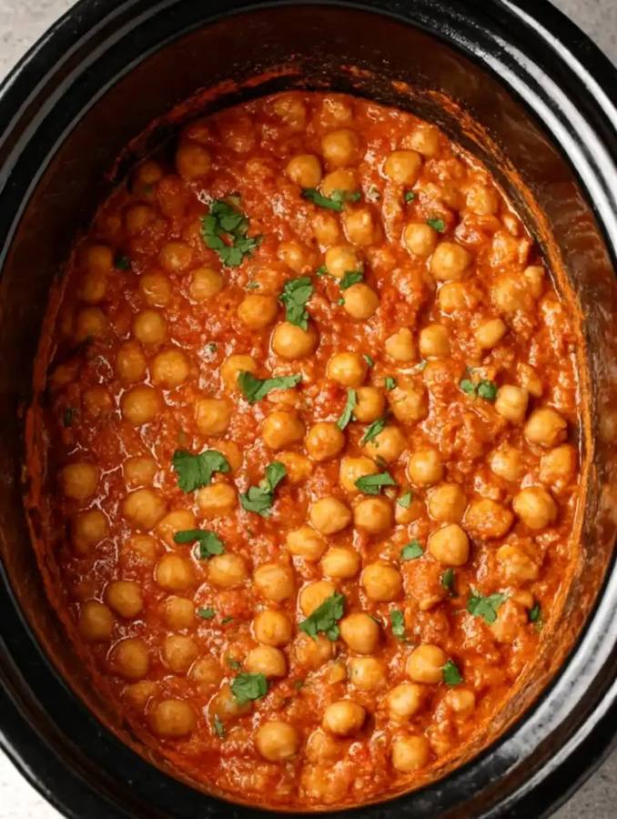 Fragrant slow cooker chickpea curry simmering in creamy spiced sauce garnished with fresh cilantro over rice.