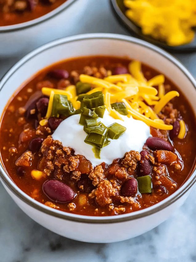 Loaded chili bowl with beef, beans, melted cheese, sour cream, jalapenos, avocado lime crema