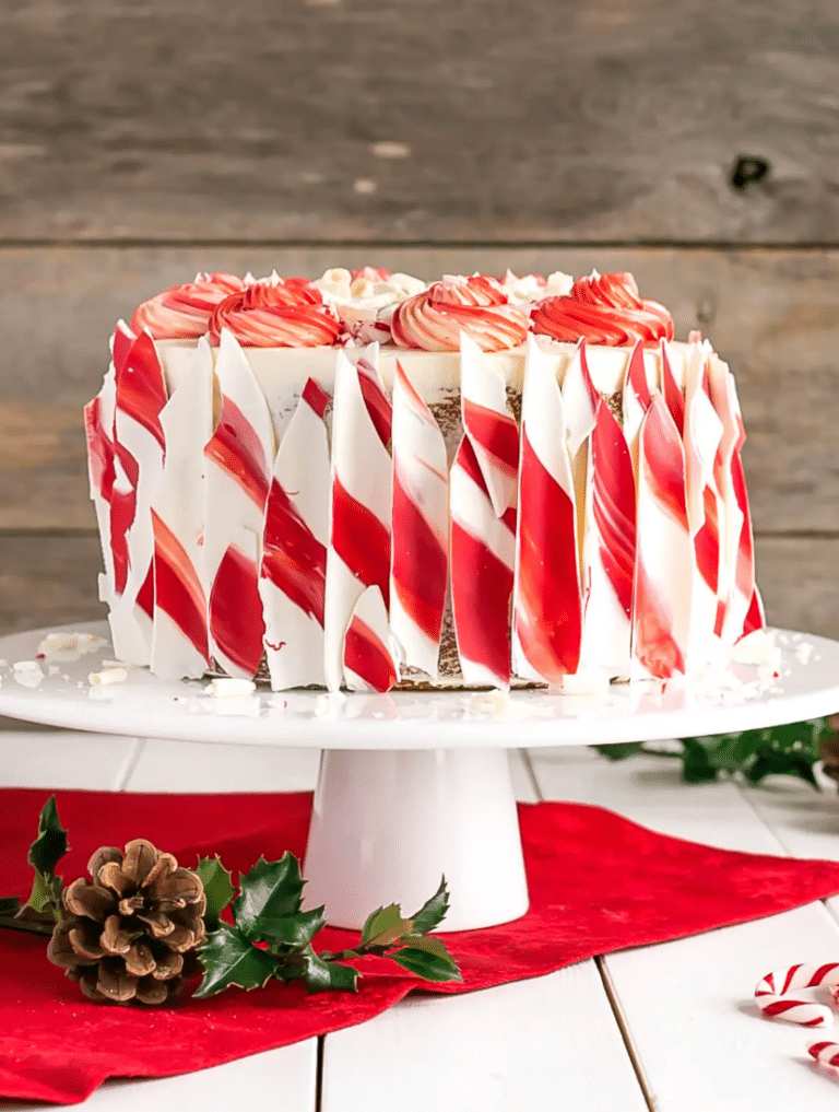 White chocolate bark cake with peppermint shards, crushed candy canes, and sea salt