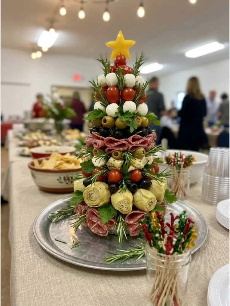 Layered antipasto tower shaped like a Christmas tree, featuring meats, cheeses, olives, and veggies