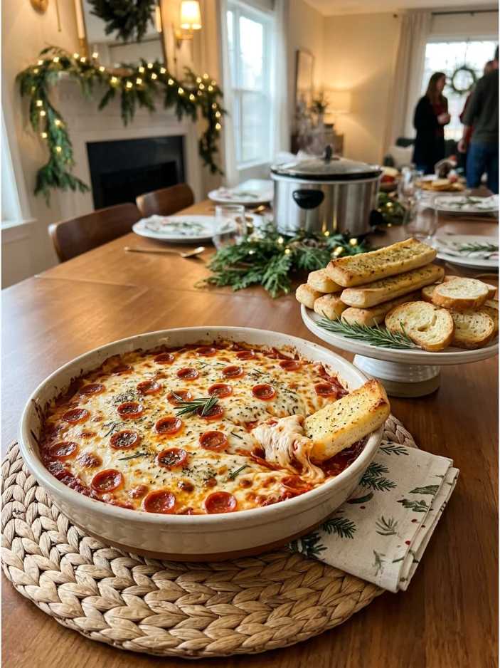Cheesy pizza-flavored dip baked in a skillet, surrounded by golden garlic breadsticks