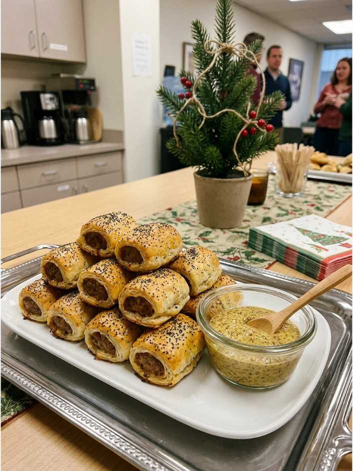 Golden puff pastry sausage rolls served alongside a small bowl of whole‑grain mustard