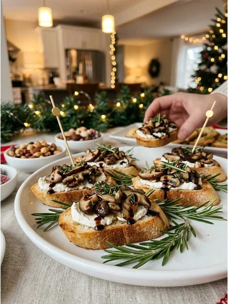 Toasted baguette slices topped with creamy ricotta, sautéed mushrooms, and balsamic drizzle