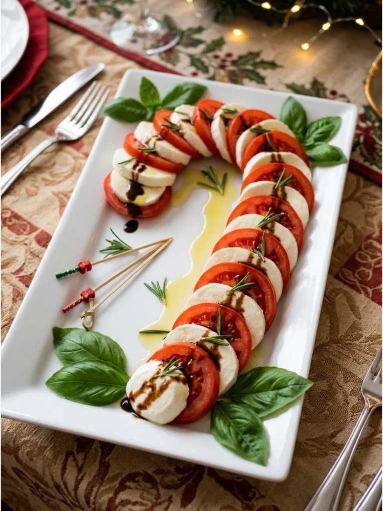 Skewered mozzarella, cherry tomatoes, and basil leaves arranged like candy canes on a white platter