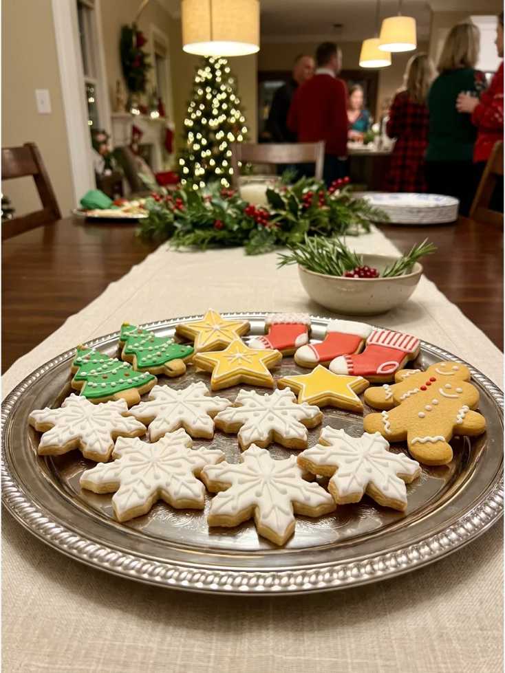 Frosted sugar cookies shaped like stars and trees, arranged on a polished silver serving tray