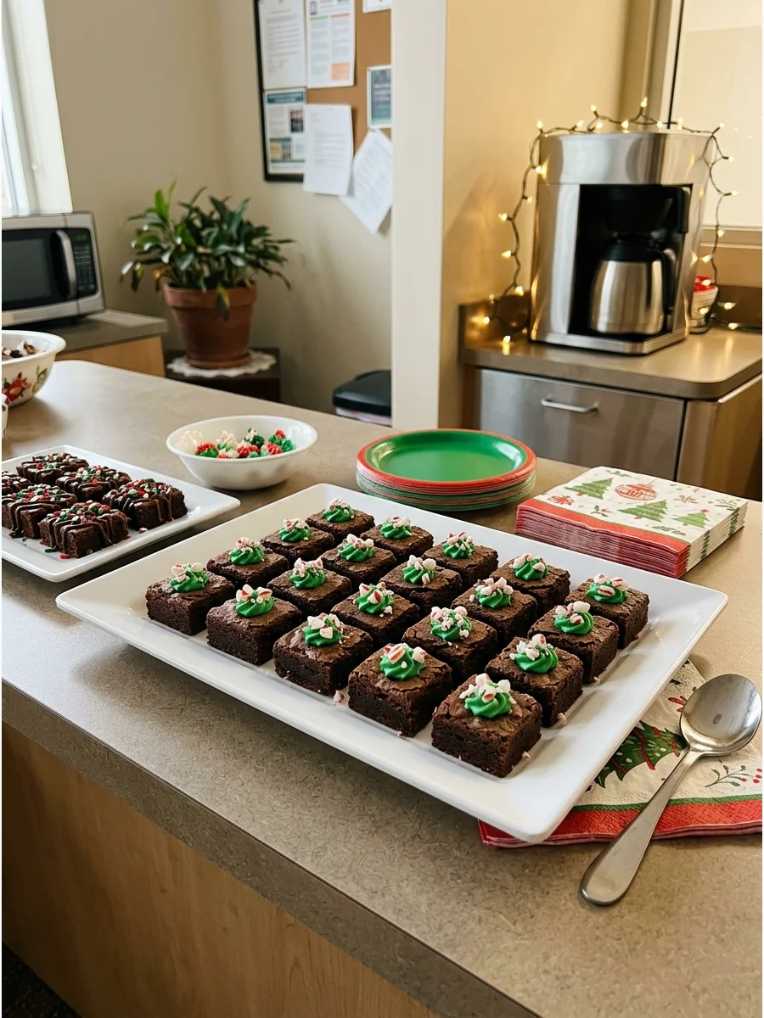 Fudgy brownie squares topped with crushed candy cane pieces and a drizzle of white chocolate