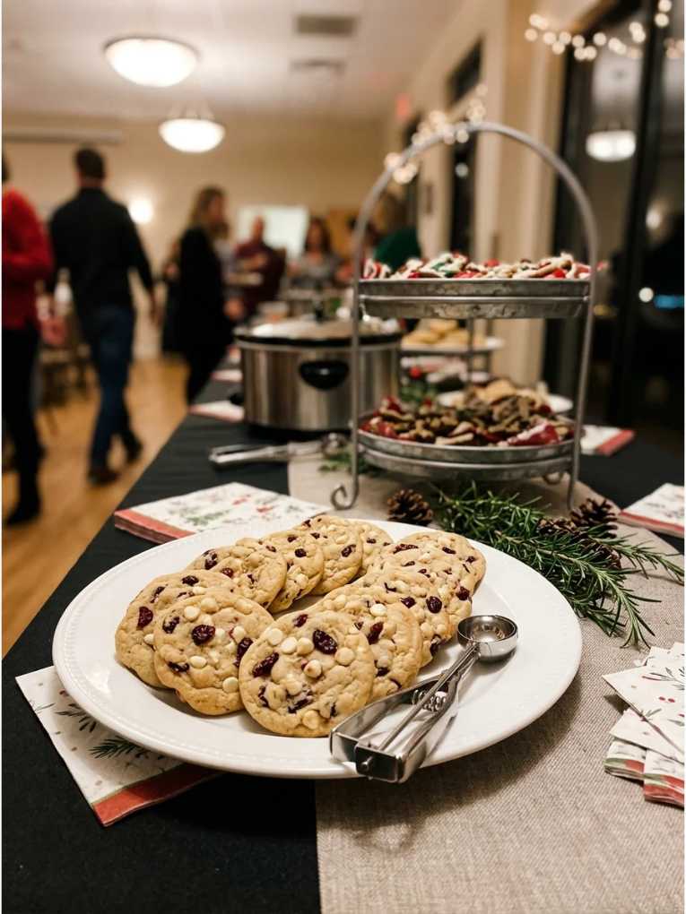 Soft white chocolate chip cookies studded with dried cranberries, arranged on a holiday plate