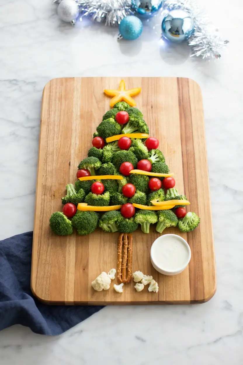 Festive broccoli Christmas tree veggie tray with red bell pepper stars and hummus dip