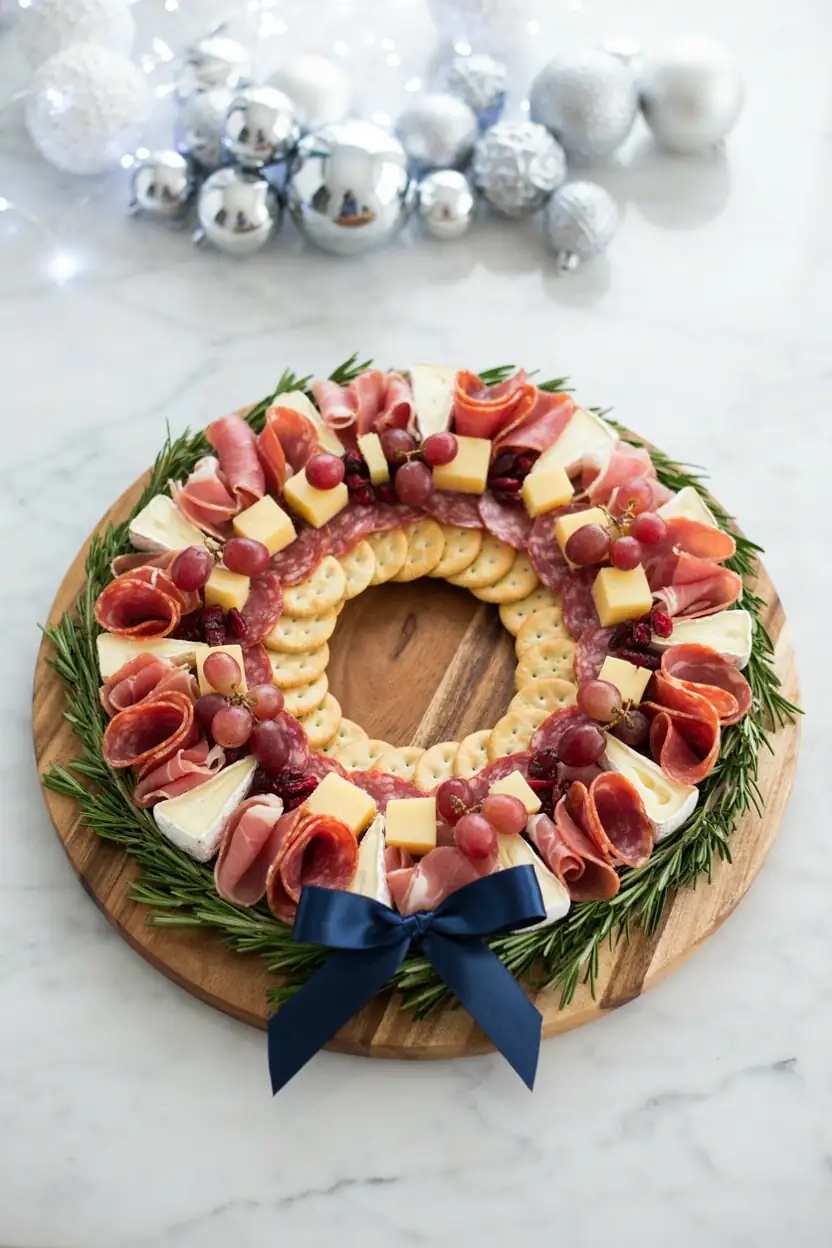 Elegant charcuterie wreath board with cured meats, cheeses, and rosemary sprigs on wooden board