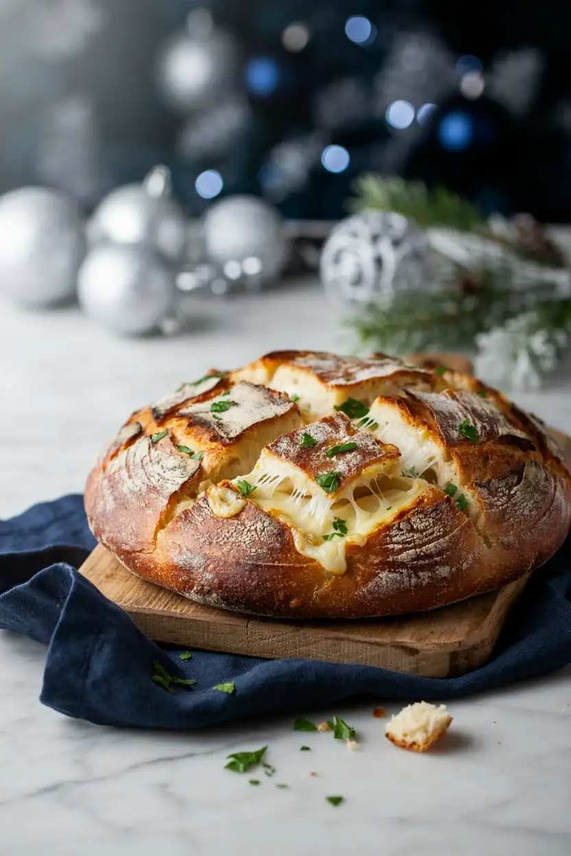 Golden cheesy pull apart bread loaf with melted mozzarella and parmesan on parchment paper