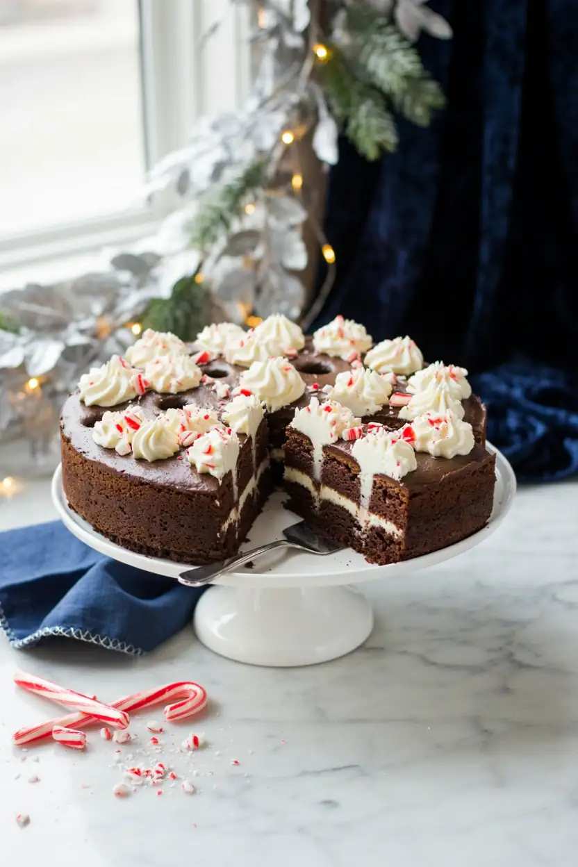 Layered chocolate peppermint cake with white frosting and crushed candy canes on cake stand