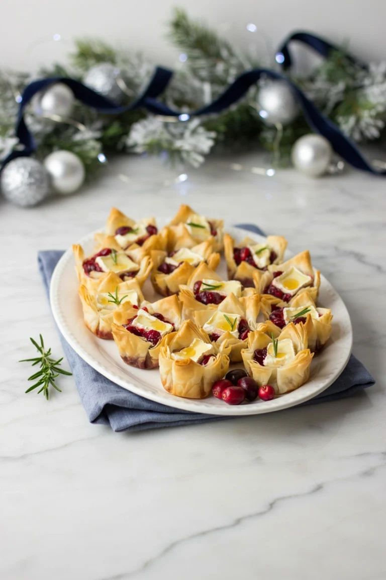 Golden crisp cranberry brie phyllo cups filled with melted cheese and jam on silver tray
