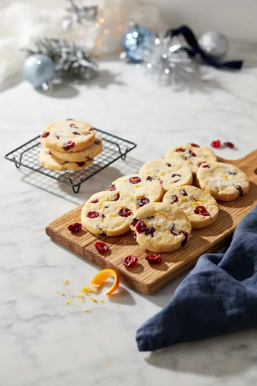 Cranberry orange shortbread cookies with dried cranberries and citrus zest on baking sheet
