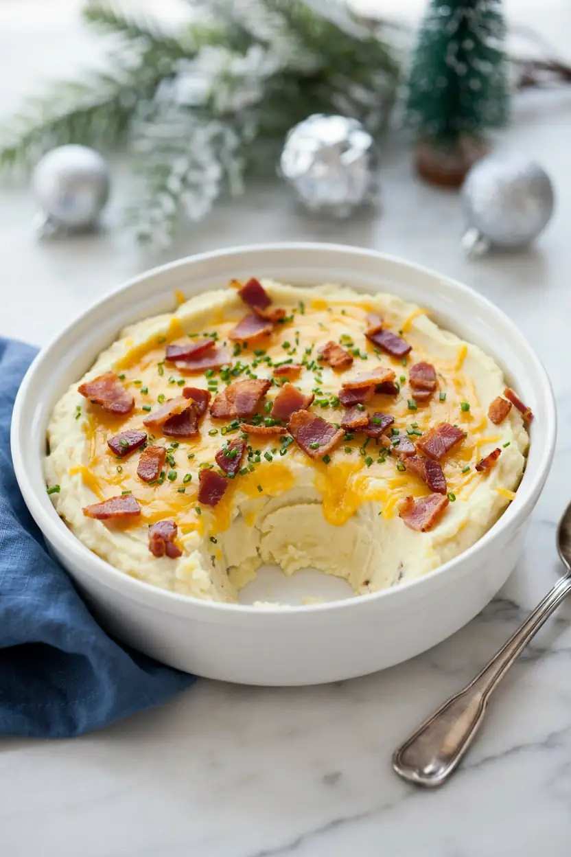 Loaded mashed potato casserole with bacon bits, cheddar cheese, and green onions on serving platter