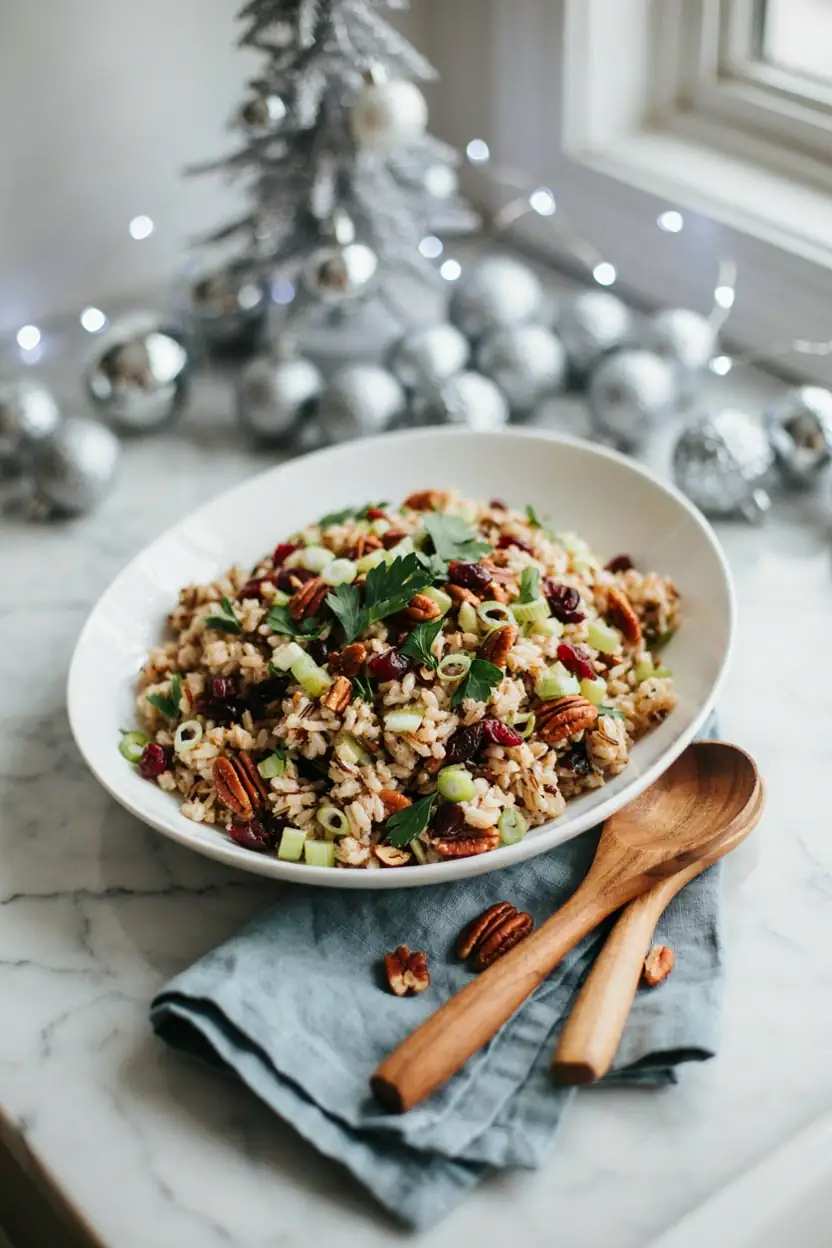 Fresh wild rice cranberry pecan salad with dried cranberries and pecans in glass bowl