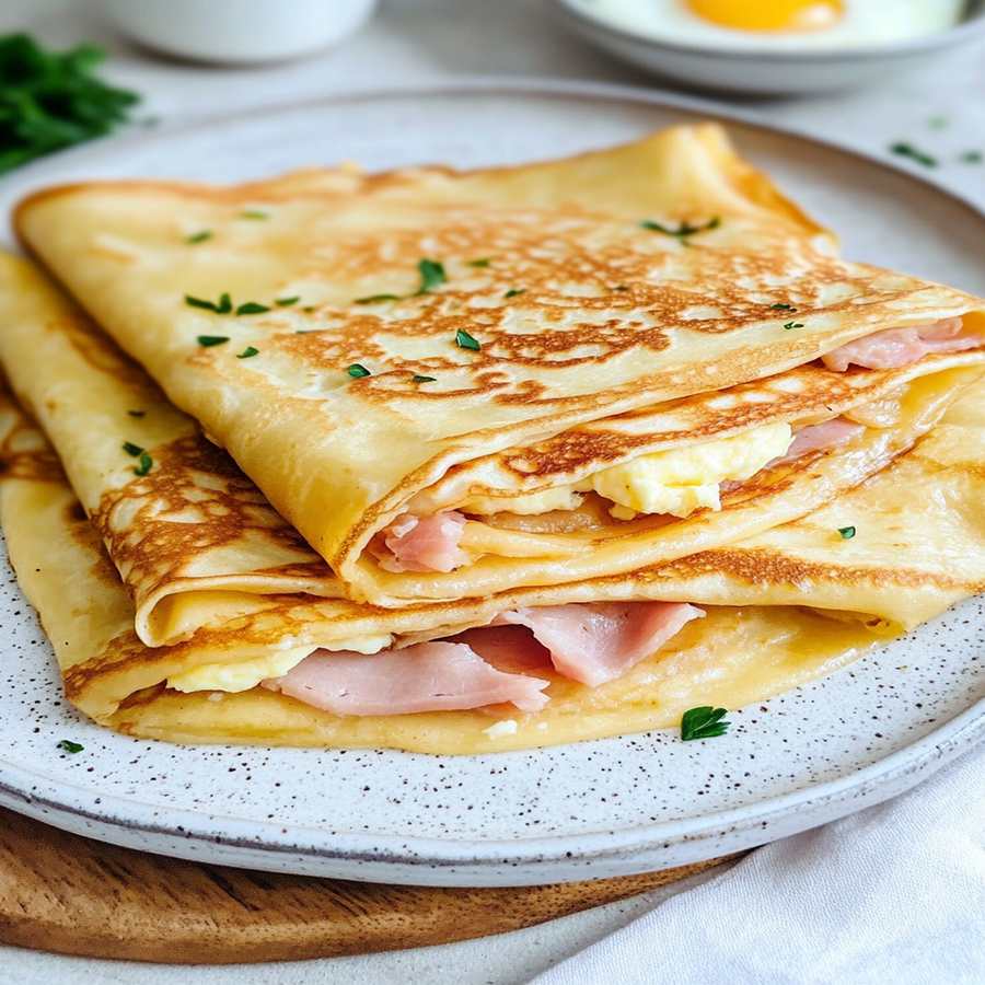 Thin golden crepes stuffed with ham, cheese, and creamy béchamel, topped with grated cheese