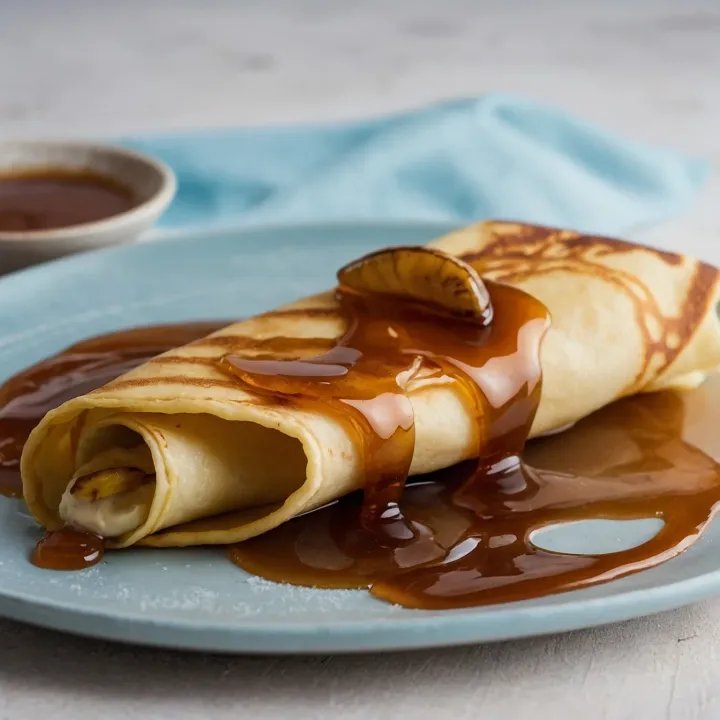 Thin crepes layered with blueberries, strawberries, and a light dusting of powdered sugar