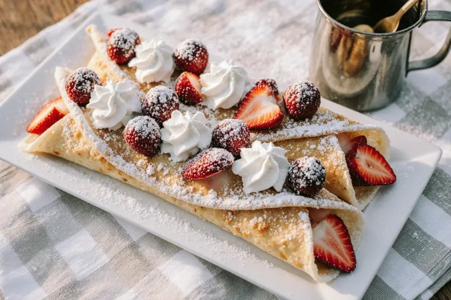 Thin golden French crepes filled with a medley of fresh berries and a light dusting of sugar