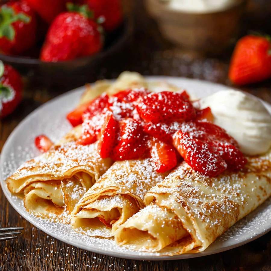 Thin French crepes folded around a vibrant mix of fresh berries and a light lemon glaze