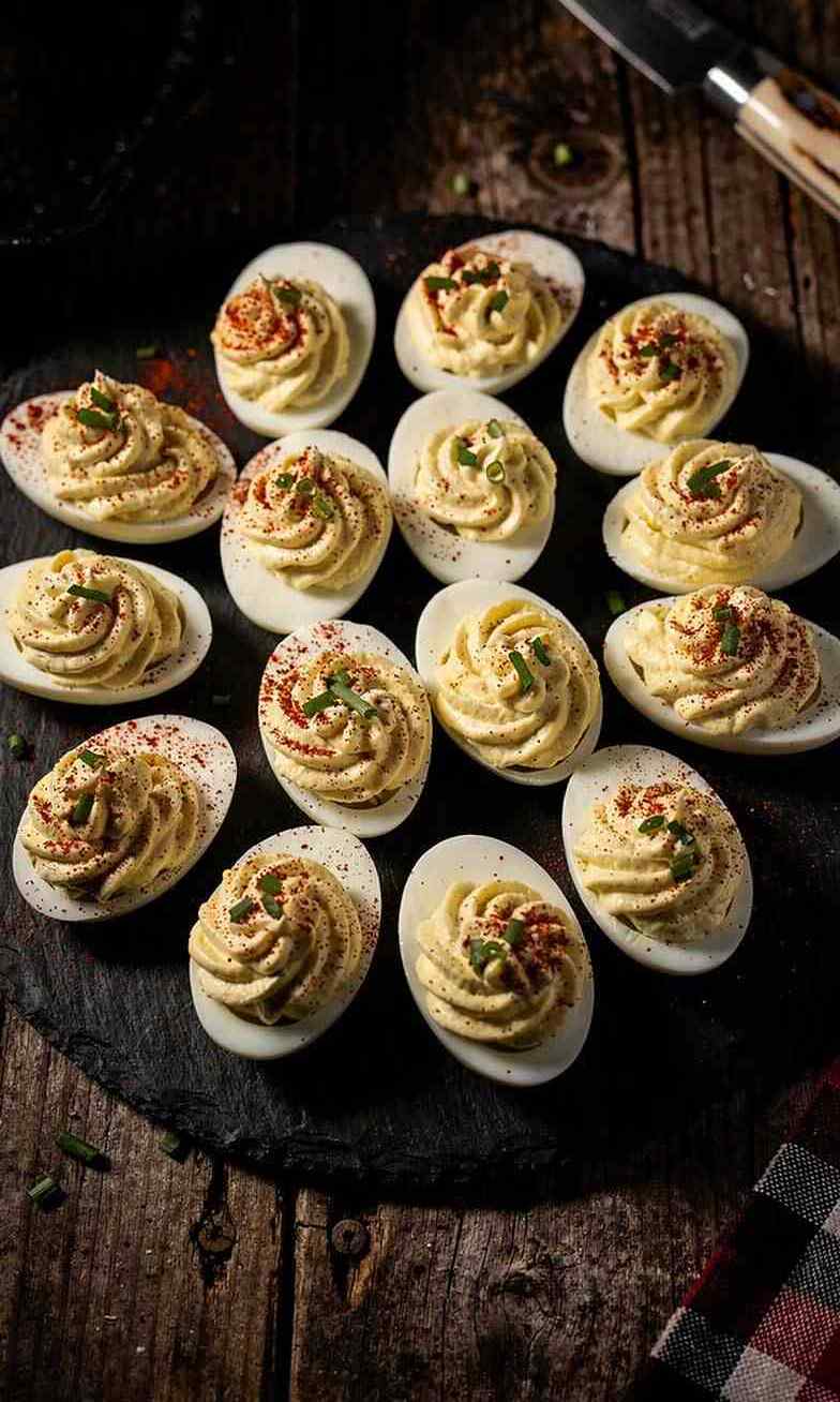 Creamy yolk filling with paprika, chives, and bacon bits on hard-boiled eggs