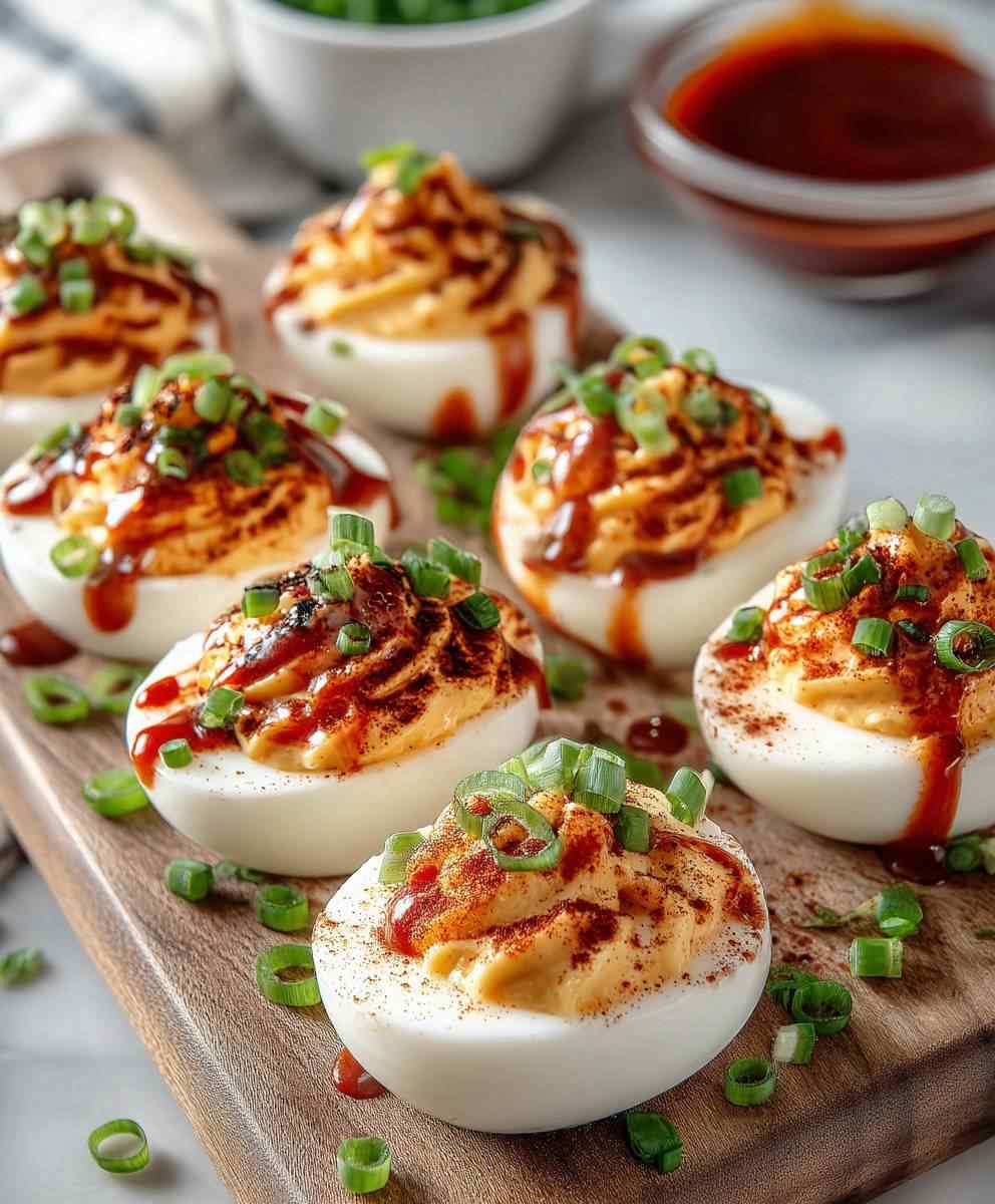 Classic deviled eggs, creamy yolk filling, bright paprika dust, fresh chives, glossy whites