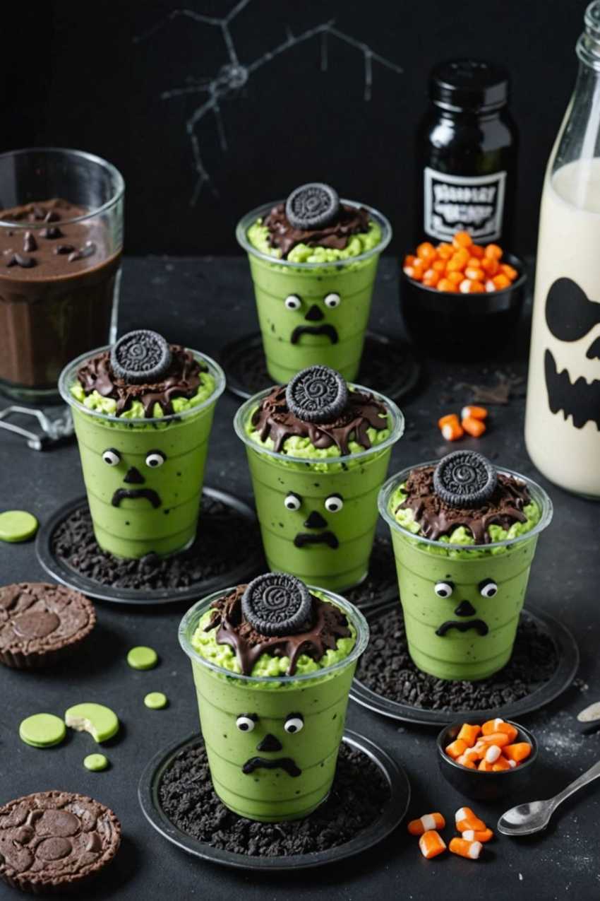 Bright green vanilla pudding in clear cups, topped with crushed Oreo “bones” and gummy eyes, resembling Frankenstein.