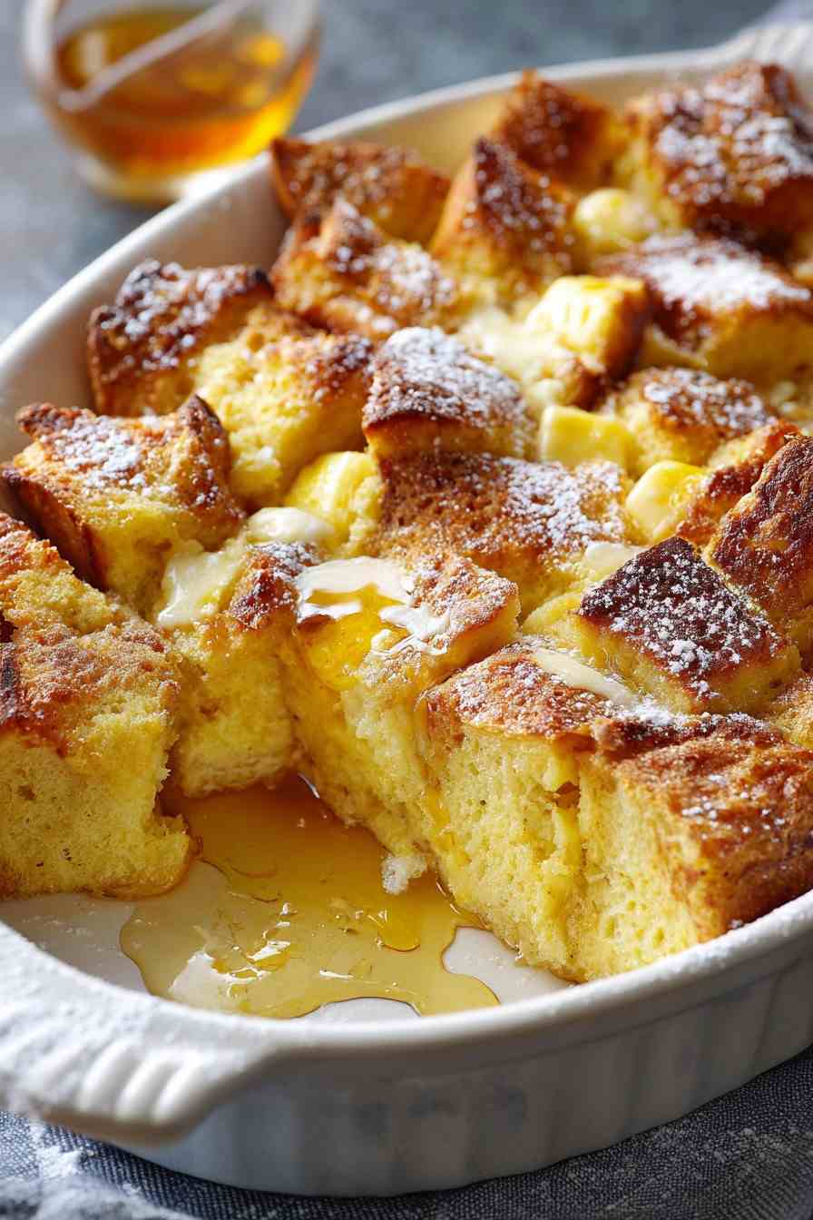 Cream cheese French toast casserole with golden custardy bread cubes, warm cinnamon swirl, and a drizzle of maple syrup