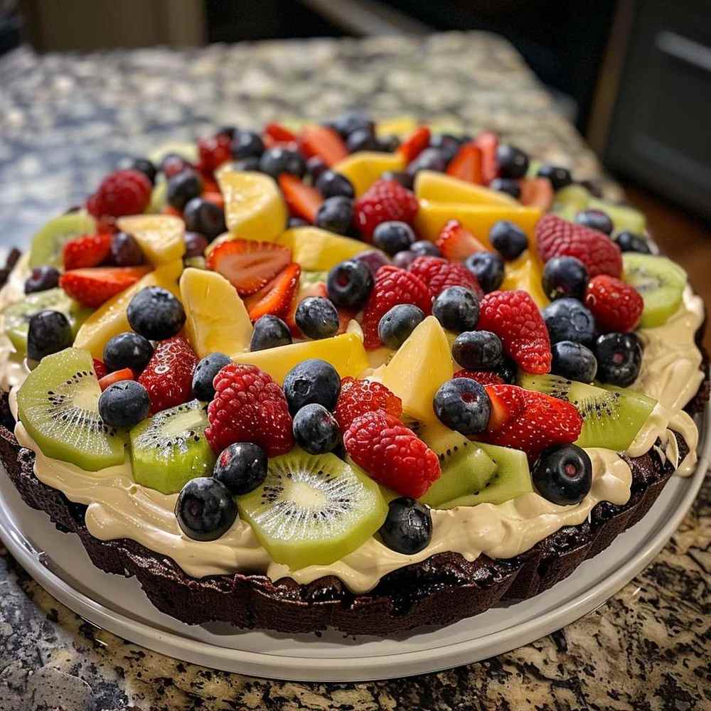 Sugar cookie fruit pizza topped with cream cheese frosting, sliced kiwi, mango, and strawberries