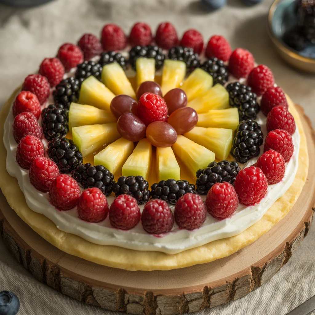 Sugar cookie fruit pizza with cream cheese frosting, sliced strawberries, banana rounds, and kiwi