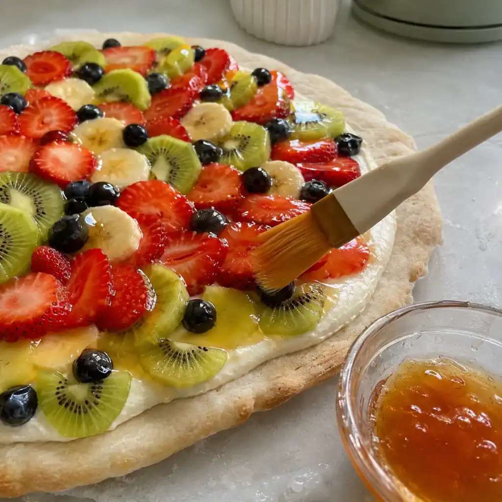Sugar cookie crust with chocolate cream cheese frosting, chocolate‑dipped strawberries, and shaved dark chocolate, indulgent fruit pizza