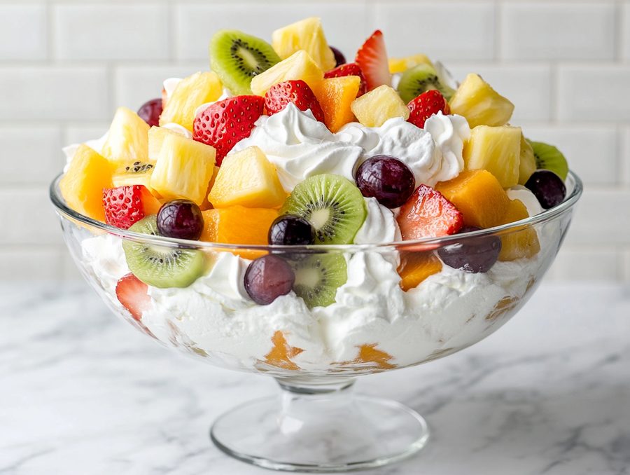 Creamy fruit salad with whipped topping, berries, tropical fruit, and a hint of vanilla