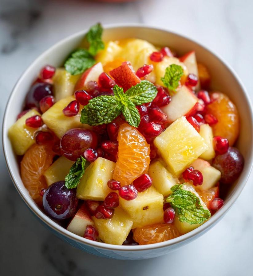 Christmas fruit salad with cranberry, apple, pomegranate, and a spiced orange glaze