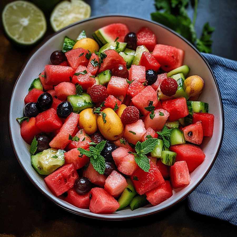Zesty watermelon feta mint fruit salad with juicy cubes, tangy feta, and lime‑mint dressing