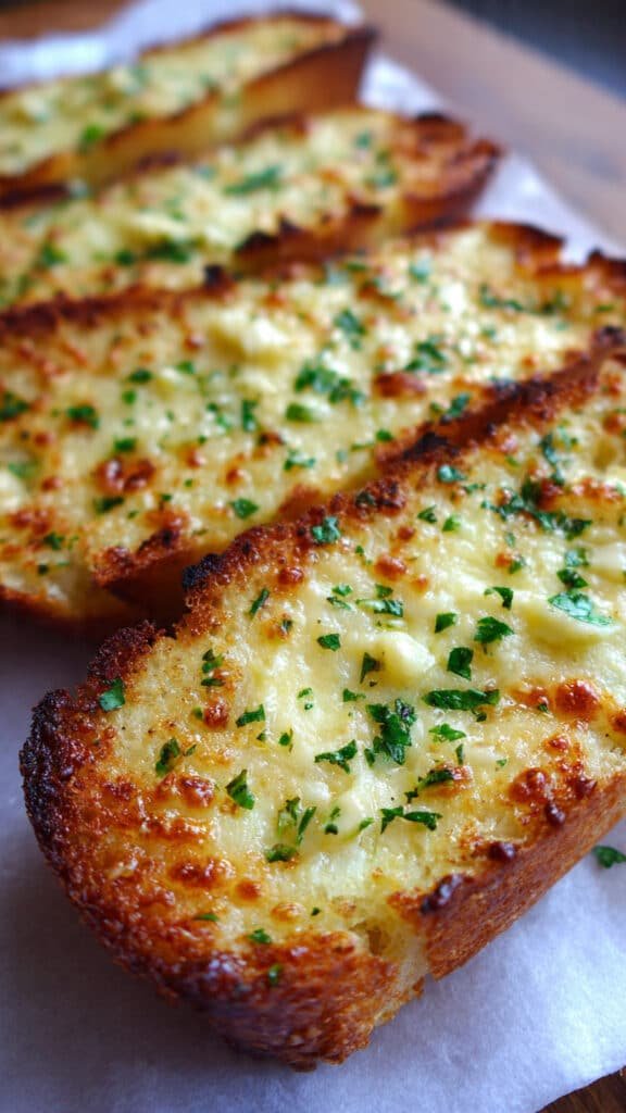 Cheesy garlic bread with golden crust, melted mozzarella, garlic butter, and parsley