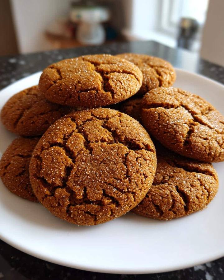 Soft chewy ginger cookies stacked, warm spices, buttery texture, festive plate